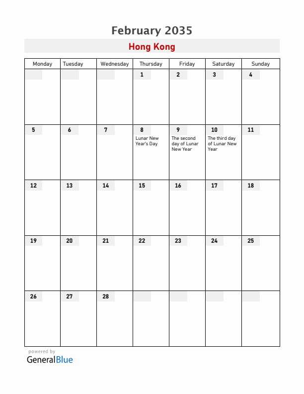 Hong Kong February 2035 Calendar with Holidays