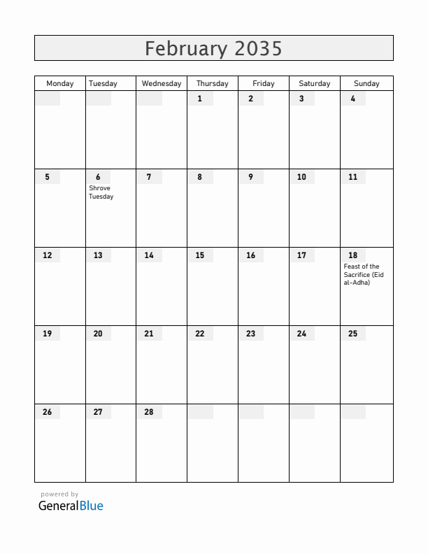 Croatia February 2035 Calendar with Holidays