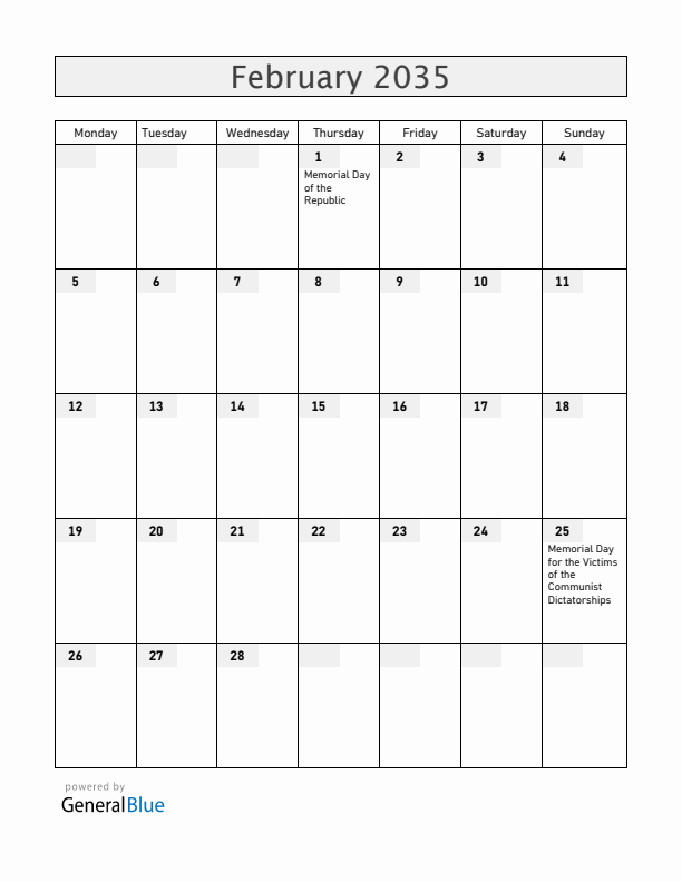 Hungary February 2035 Calendar with Holidays