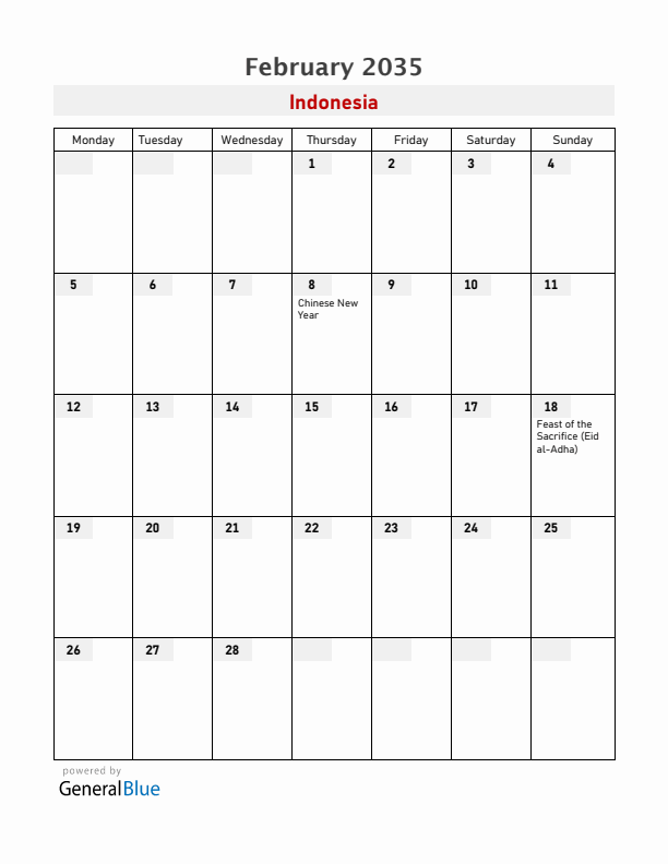 Indonesia February 2035 Calendar with Holidays