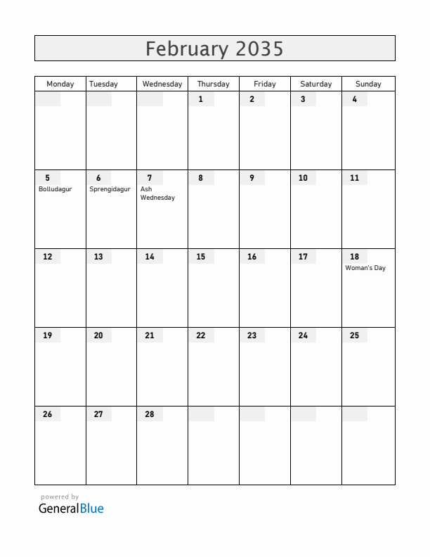 Iceland February 2035 Calendar with Holidays