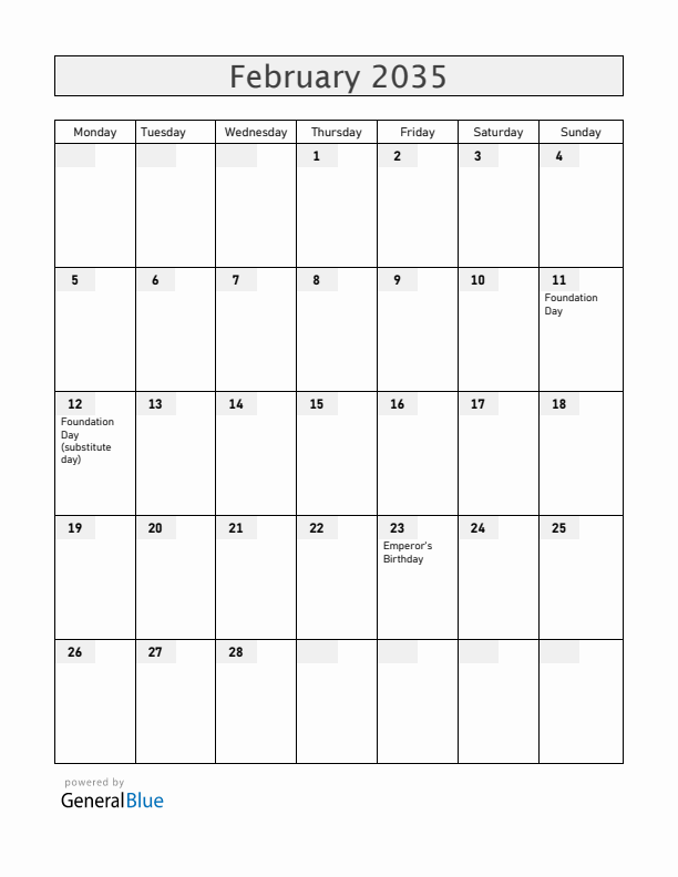 Japan February 2035 Calendar with Holidays