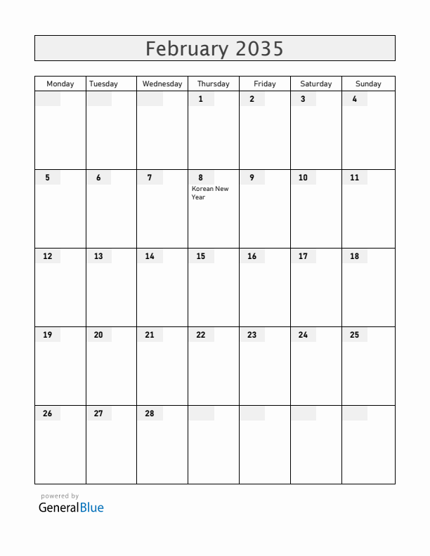 South Korea February 2035 Calendar with Holidays
