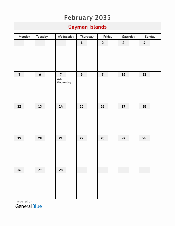 Cayman Islands February 2035 Calendar with Holidays