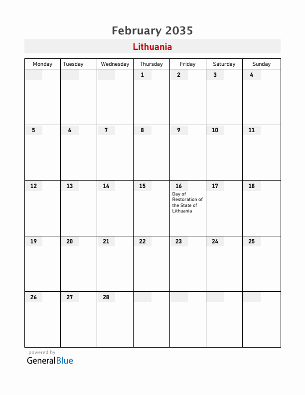 Lithuania February 2035 Calendar with Holidays