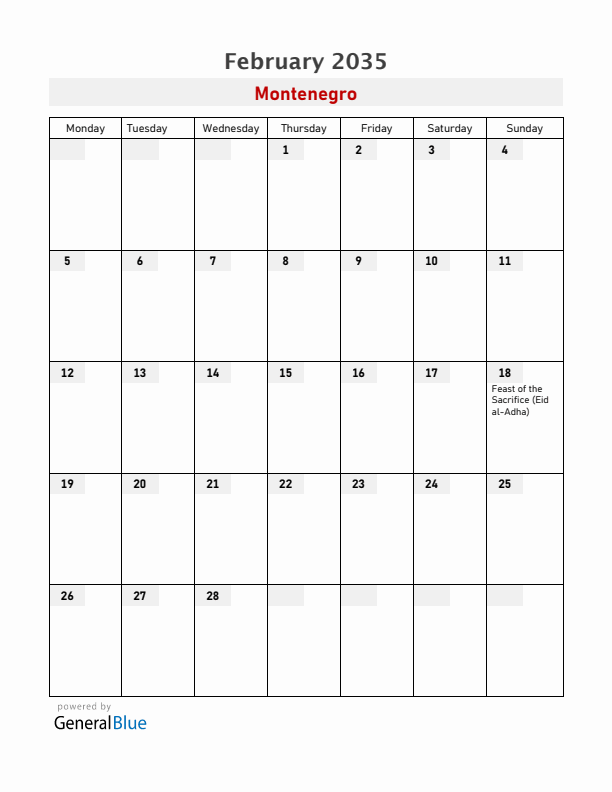 Montenegro February 2035 Calendar with Holidays