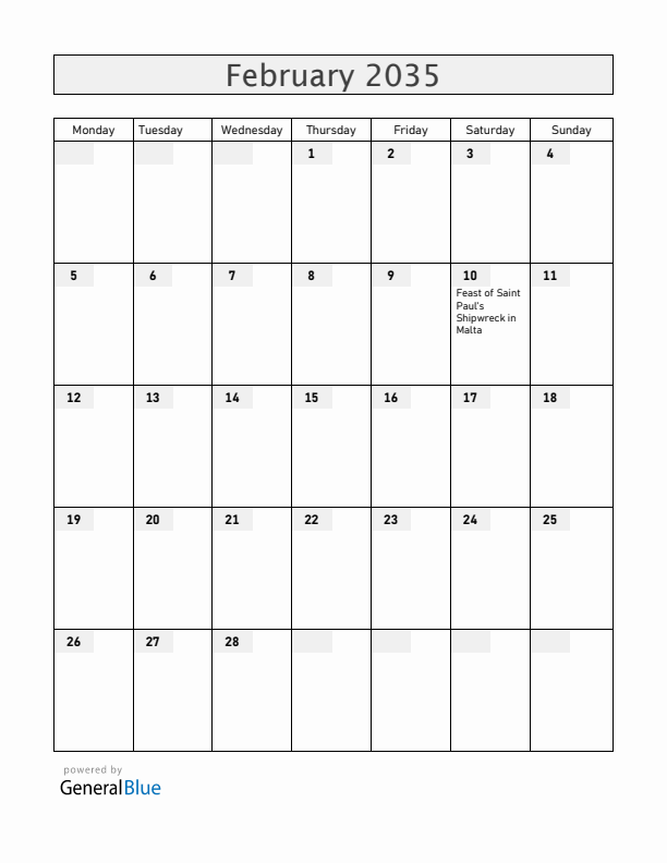 Malta February 2035 Calendar with Holidays