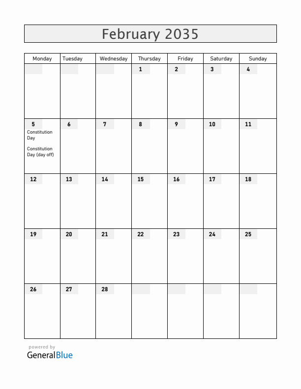 Mexico February 2035 Calendar with Holidays