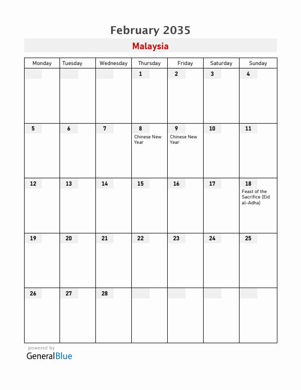 Malaysia February 2035 Calendar with Holidays
