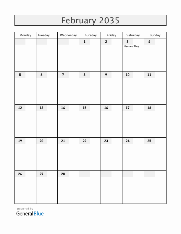 Mozambique February 2035 Calendar with Holidays