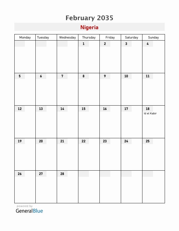 Nigeria February 2035 Calendar with Holidays