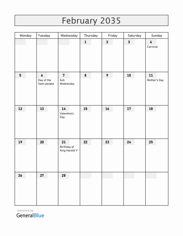 Norway February 2035 Calendar with Holidays