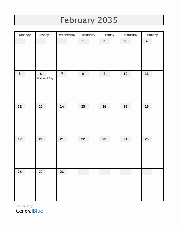 New Zealand February 2035 Calendar with Holidays