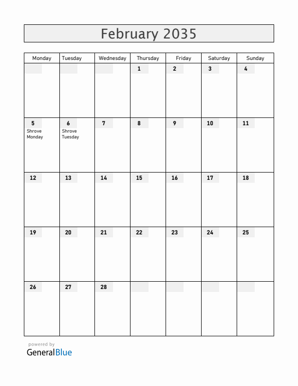 Panama February 2035 Calendar with Holidays