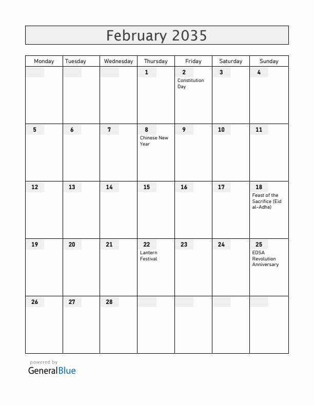 Philippines February 2035 Calendar with Holidays