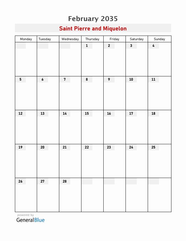 Saint Pierre and Miquelon February 2035 Calendar with Holidays