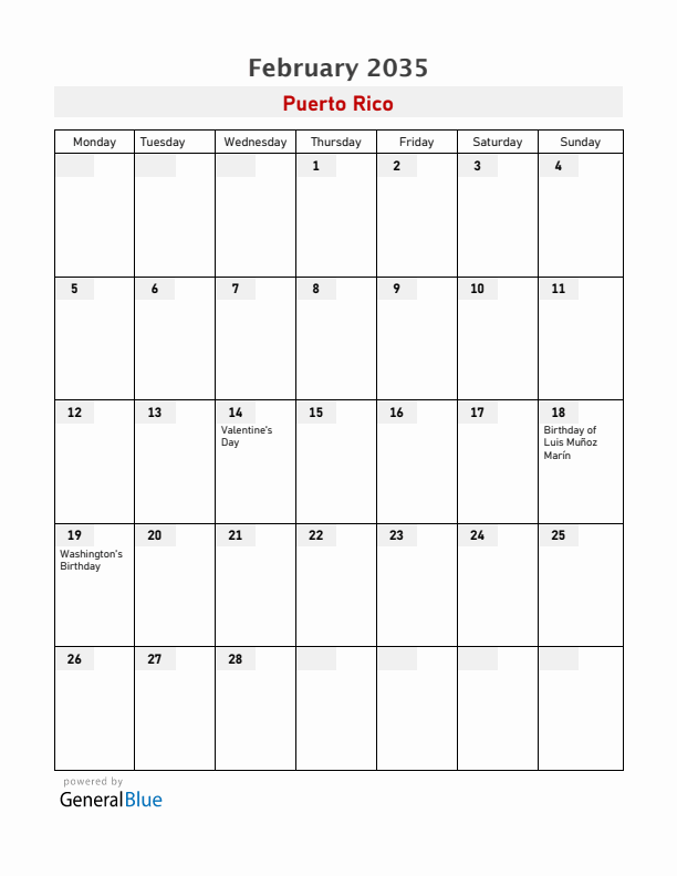 Puerto Rico February 2035 Calendar with Holidays