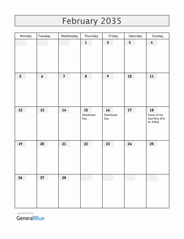 Serbia February 2035 Calendar with Holidays