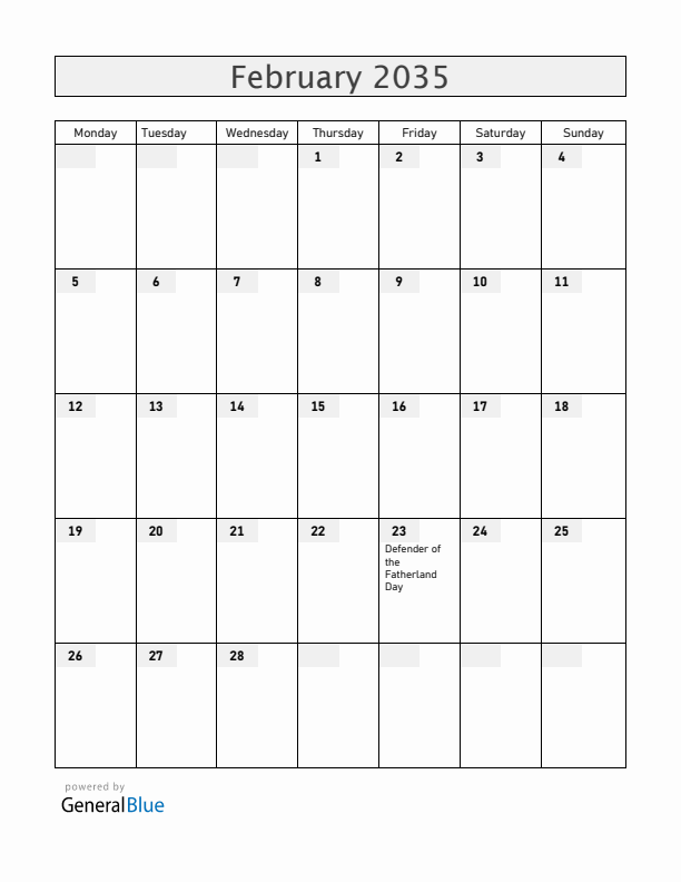 Russia February 2035 Calendar with Holidays