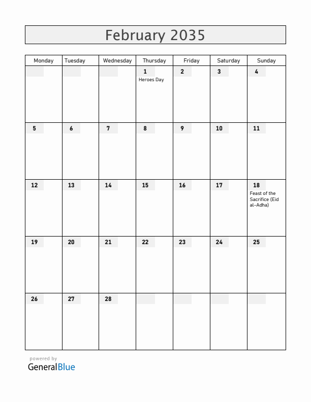 Rwanda February 2035 Calendar with Holidays