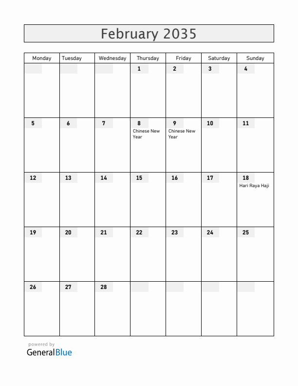 Singapore February 2035 Calendar with Holidays