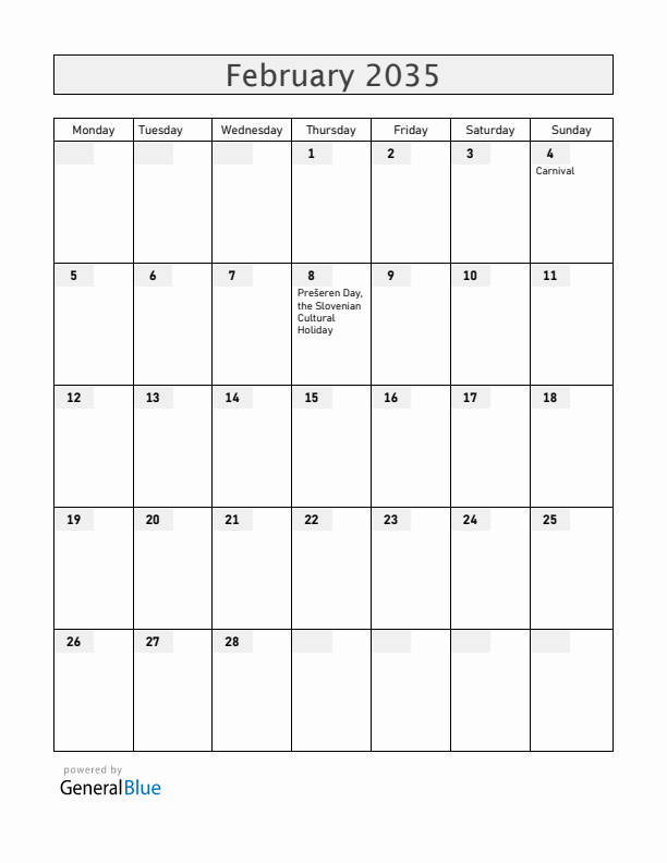 Slovenia February 2035 Calendar with Holidays