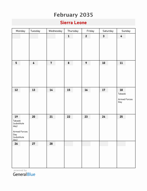 Sierra Leone February 2035 Calendar with Holidays