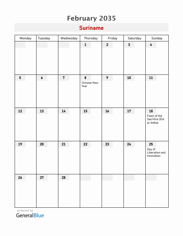 Suriname February 2035 Calendar with Holidays