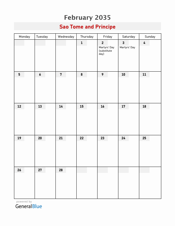 Sao Tome and Principe February 2035 Calendar with Holidays