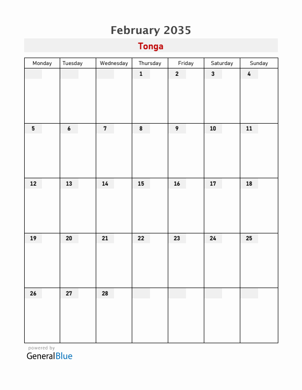 Tonga February 2035 Calendar with Holidays