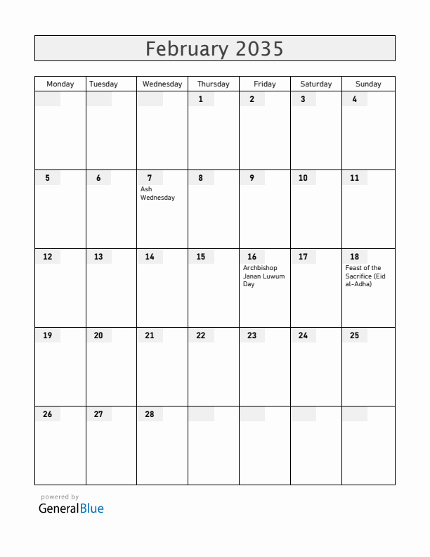 Uganda February 2035 Calendar with Holidays