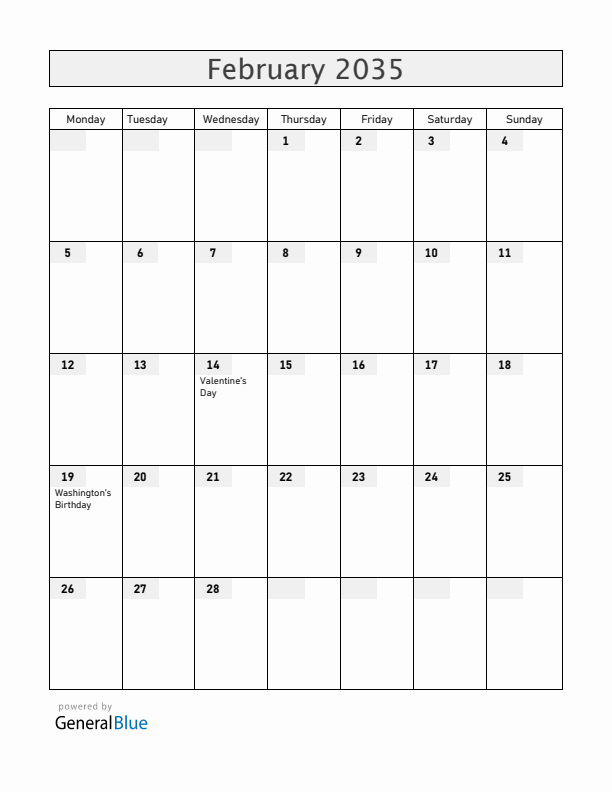 United States February 2035 Calendar with Holidays