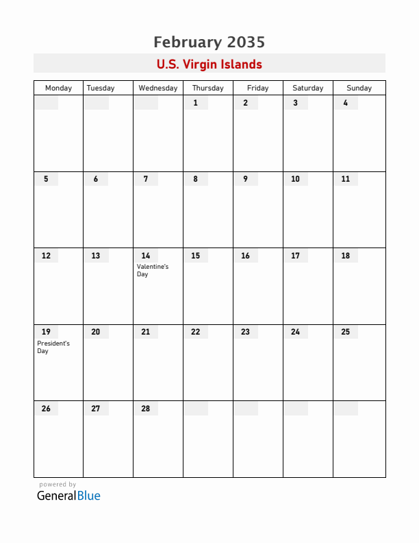 U.S. Virgin Islands February 2035 Calendar with Holidays