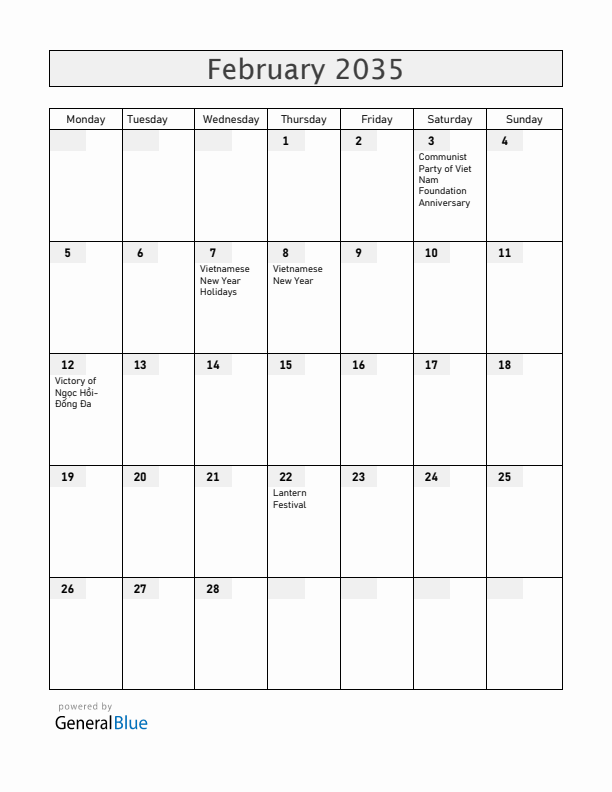 Vietnam February 2035 Calendar with Holidays