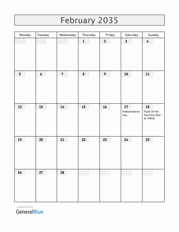 Kosovo February 2035 Calendar with Holidays