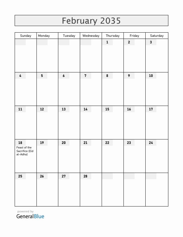Albania February 2035 Calendar with Holidays