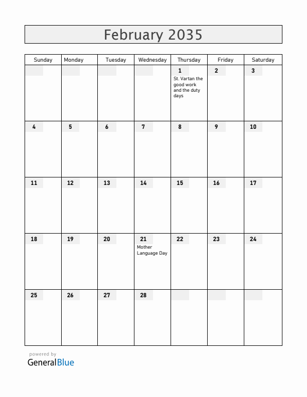 Armenia February 2035 Calendar with Holidays