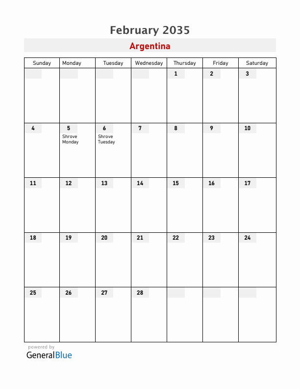 Argentina February 2035 Calendar with Holidays