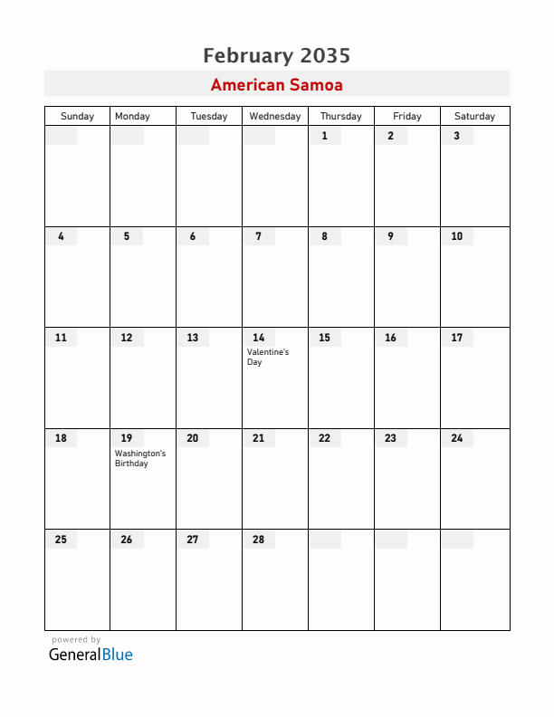 American Samoa February 2035 Calendar with Holidays