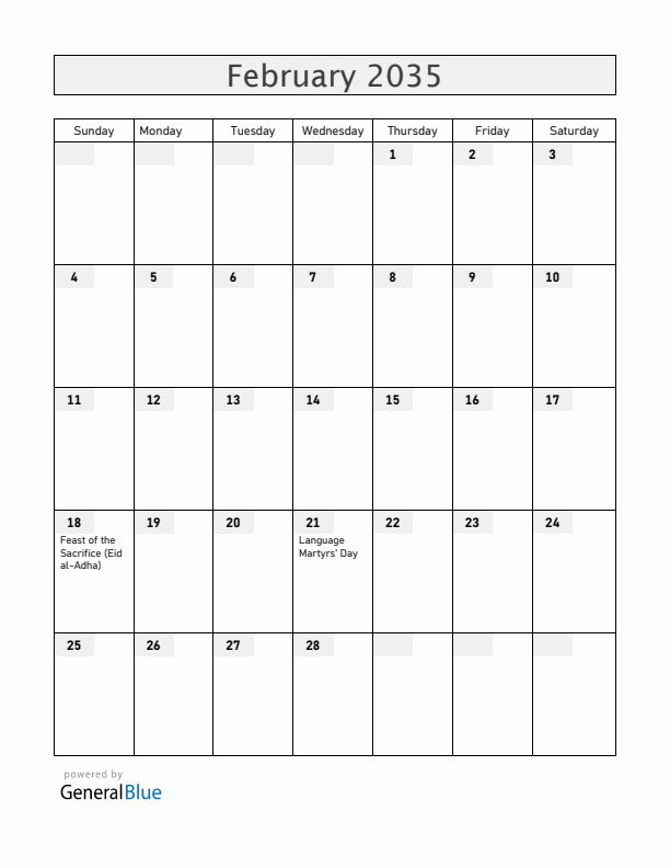 Bangladesh February 2035 Calendar with Holidays