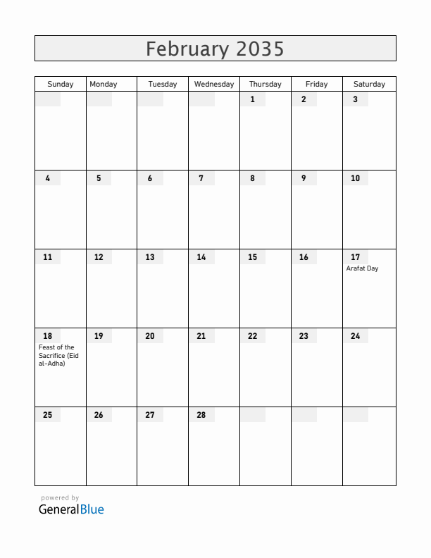 Bahrain February 2035 Calendar with Holidays