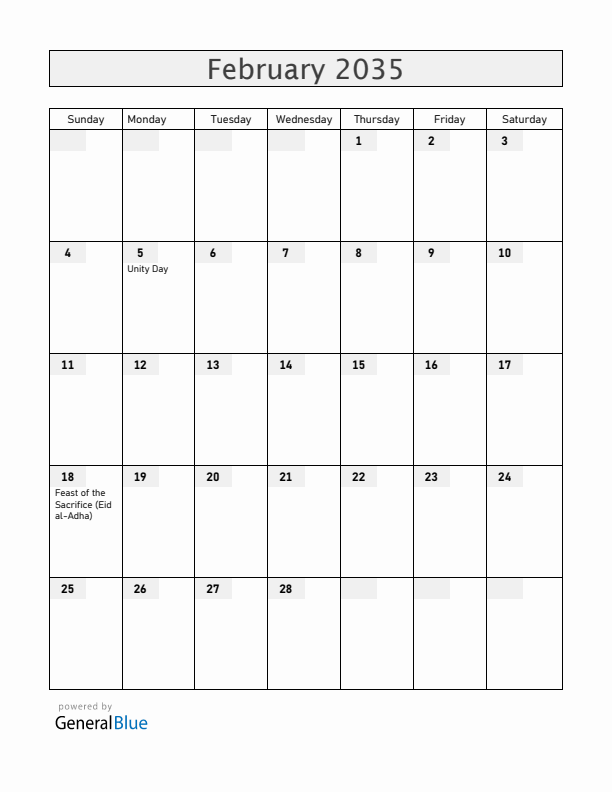 Burundi February 2035 Calendar with Holidays