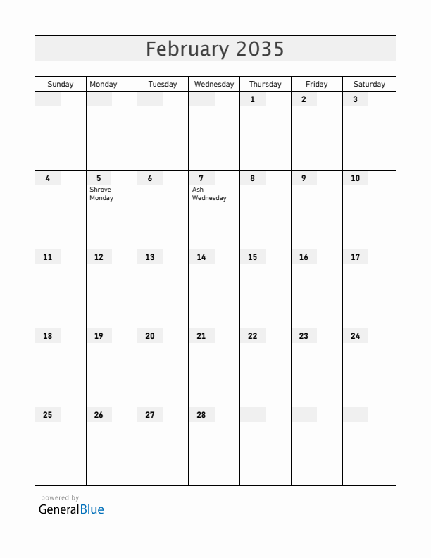Saint Barthelemy February 2035 Calendar with Holidays