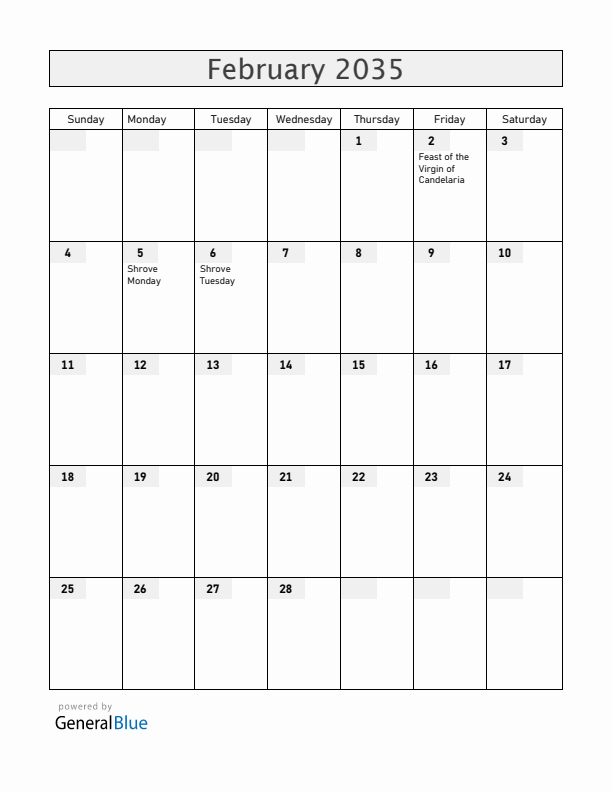 Bolivia February 2035 Calendar with Holidays
