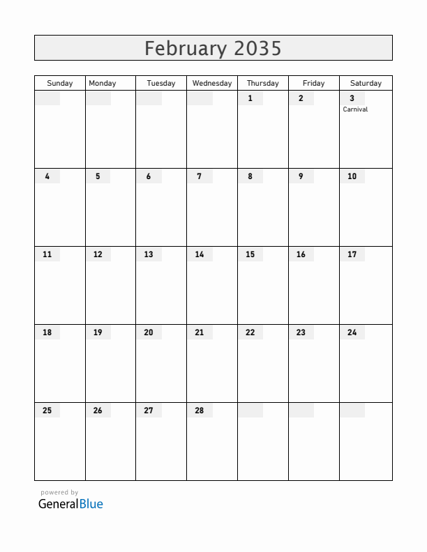 Brazil February 2035 Calendar with Holidays