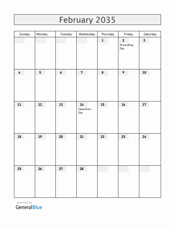 Canada February 2035 Calendar with Holidays