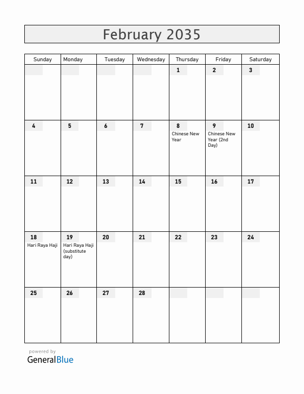 Cocos Islands February 2035 Calendar with Holidays
