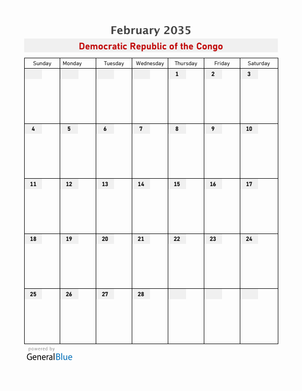 Democratic Republic of the Congo February 2035 Calendar with Holidays