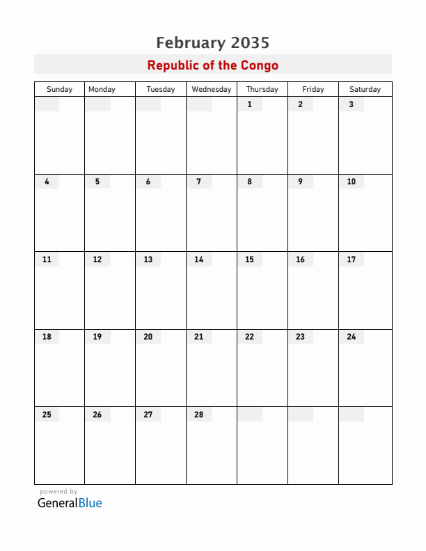 Republic of the Congo February 2035 Calendar with Holidays
