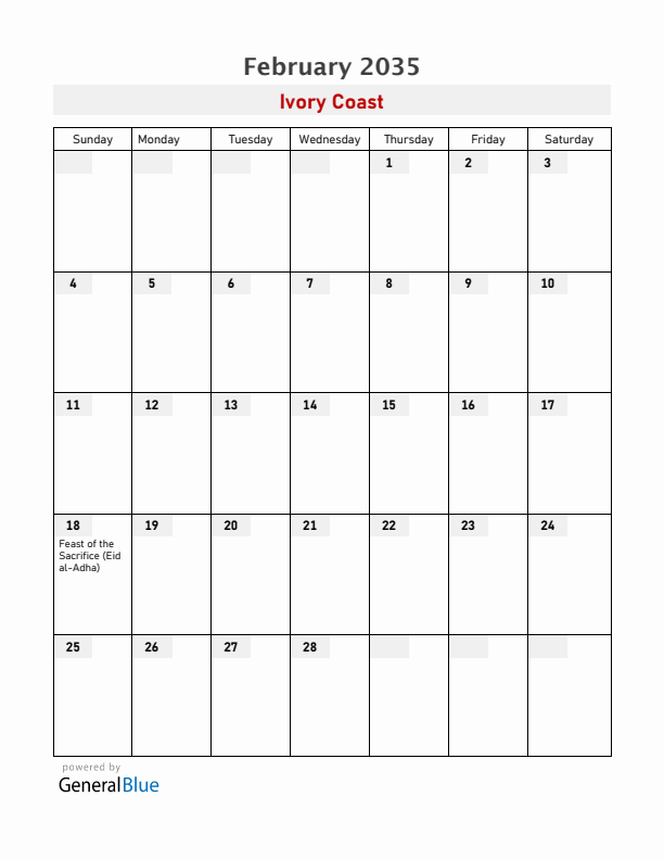 Ivory Coast February 2035 Calendar with Holidays
